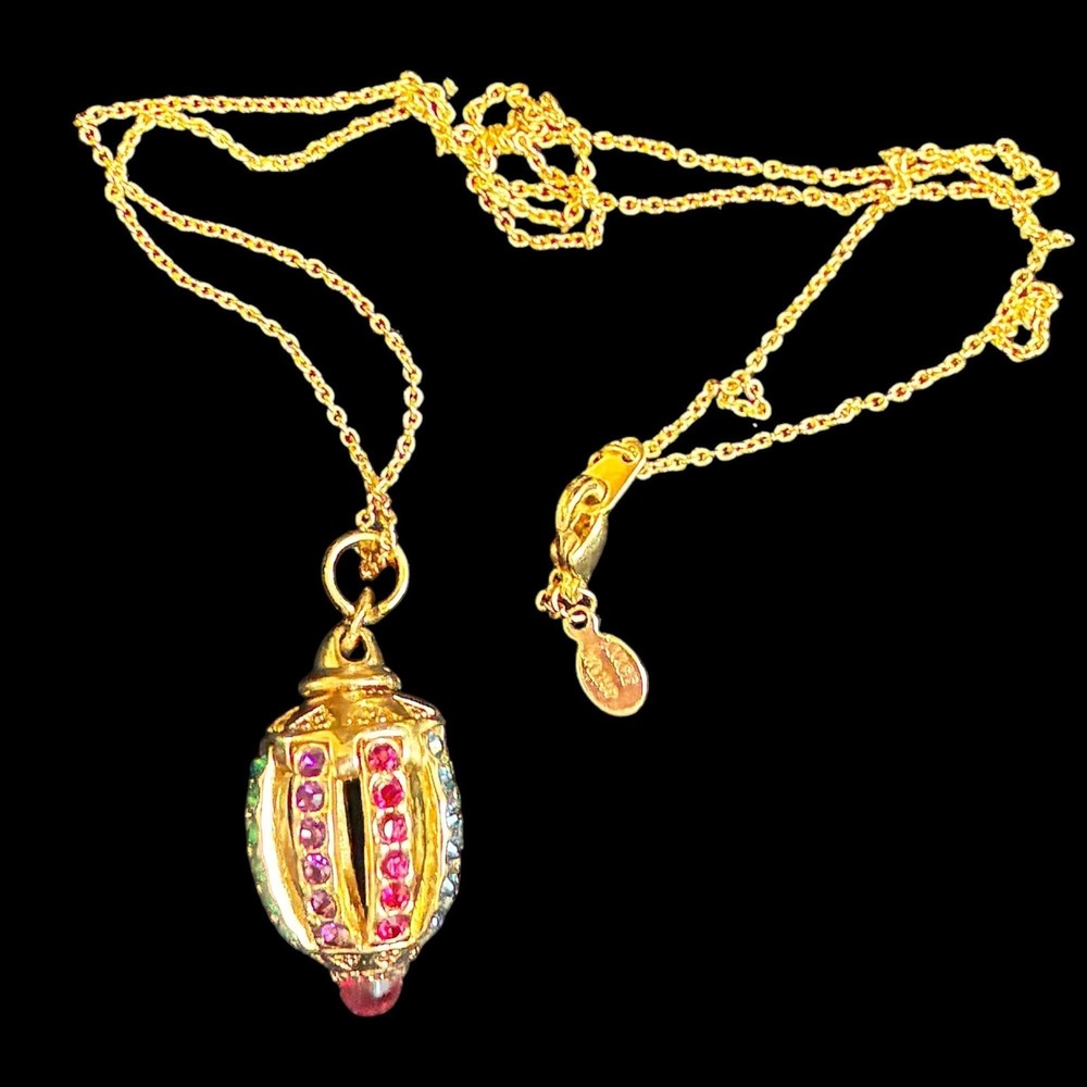 Vintage W Lind 14KGE Jeweled Egg Pendant Necklace Signed Gold Electroplate 16"